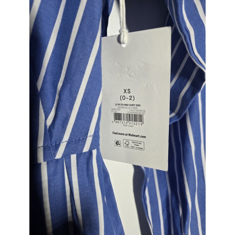 Free Assembly Sz Xs 0/2 Long Slv Pleated Blue White Midi Shirt Dress Belted NWT - Picture 2 of 5